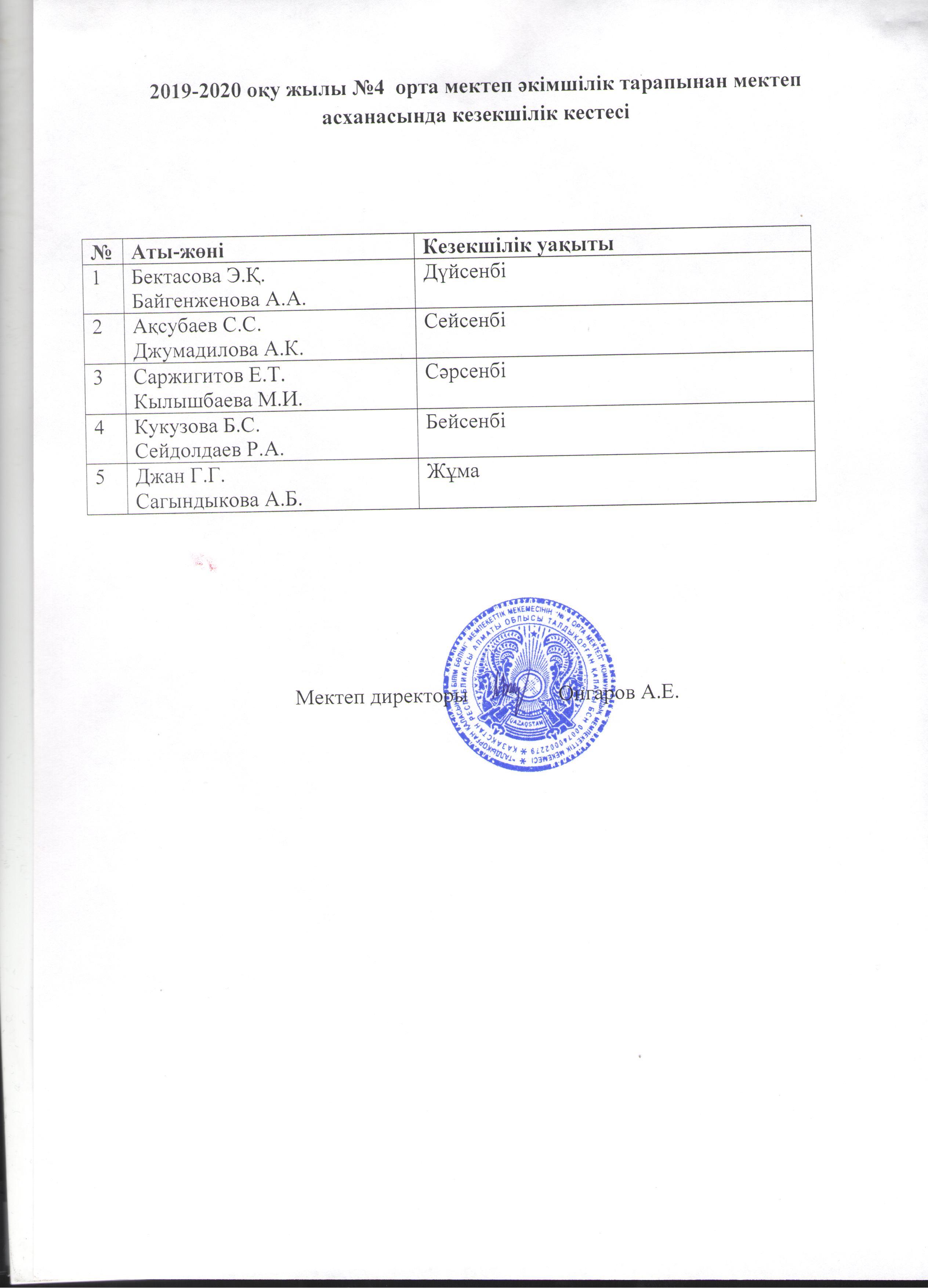 2019-2020 ж. мектеп асханасындағы әкімшілік кезекшілік кестесі