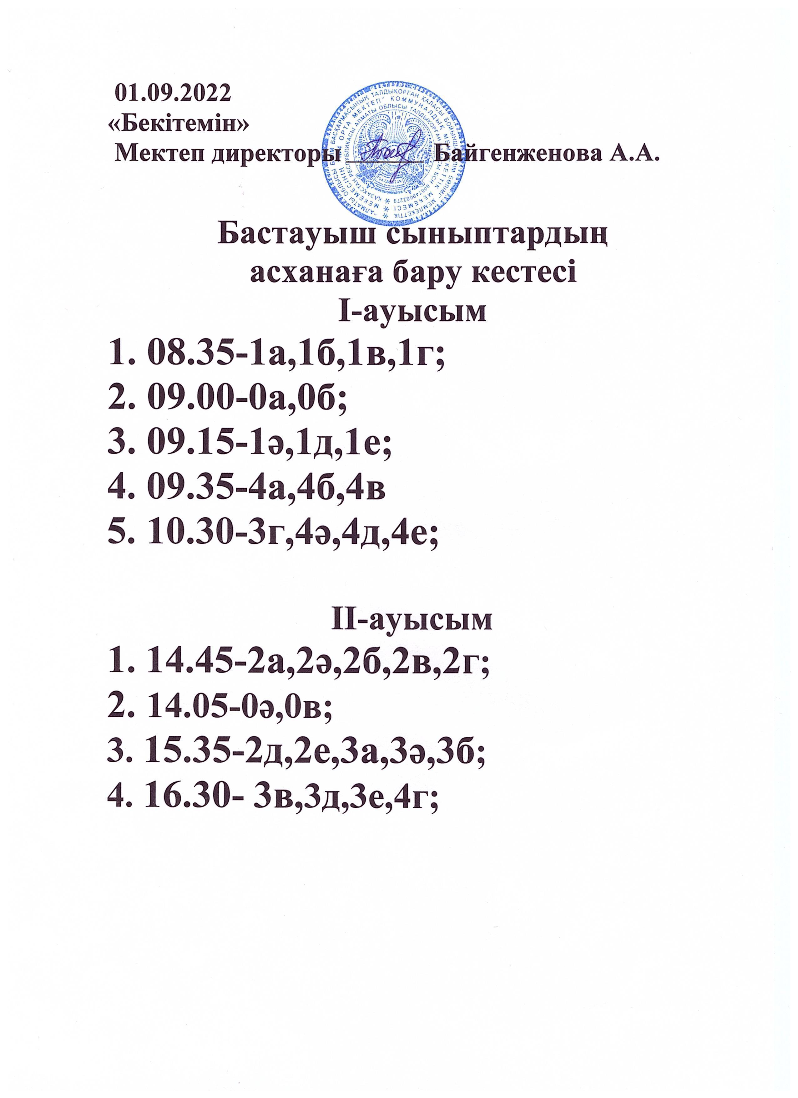Бастауыш сыныптардың асханаға бару кестесі